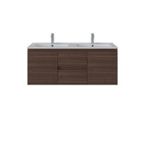 A modern centre drawer wall-mounted bathroom vanity with a dark brown wood-grain cabinet base, a white double basin countertop, and two chrome faucets, shown against a plain white background.