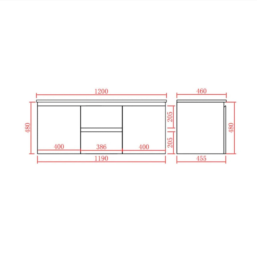 A technical dimension drawing of a cabinet or storage unit, showing front and side elevations with red measurement lines and labels on a white background.