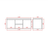 A technical dimension drawing of a cabinet or storage unit, showing front and side elevations with red measurement lines and labels on a white background.