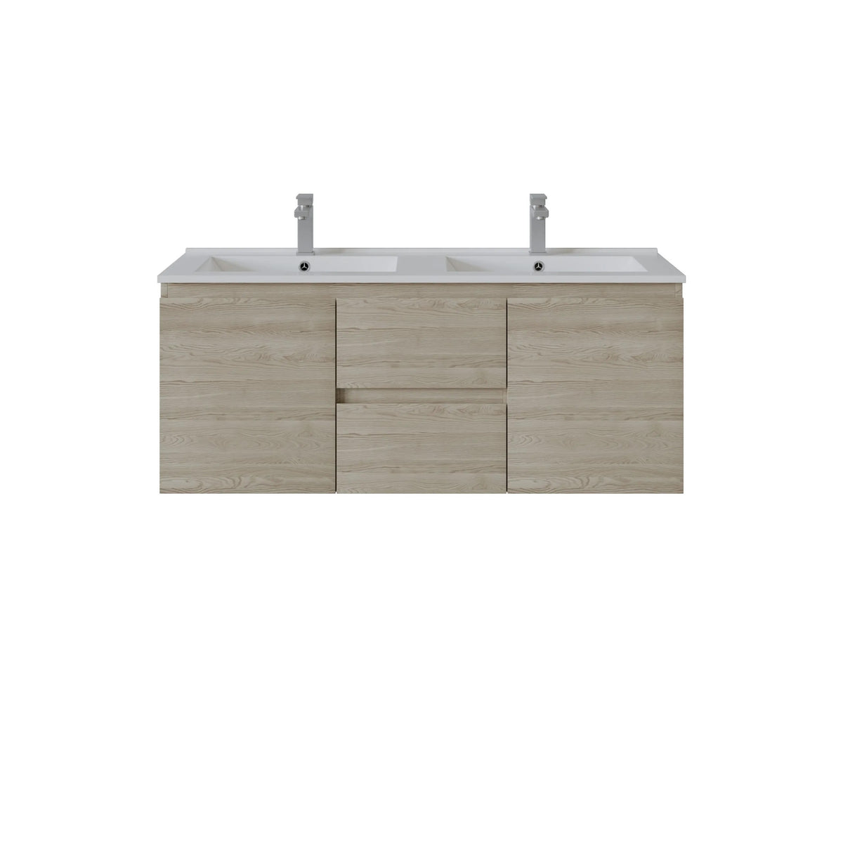 A modern side drawers wall-mounted bathroom vanity with a light oak wood-grain cabinet, a white double basin countertop, and two chrome faucets, shown against a plain white background.
