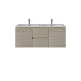 A modern side drawers wall-mounted bathroom vanity with a light oak wood-grain cabinet, a white double basin countertop, and two chrome faucets, shown against a plain white background.