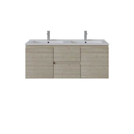 A modern side drawers wall-mounted bathroom vanity with a light oak wood-grain cabinet, a white double basin countertop, and two chrome faucets, shown against a plain white background.
