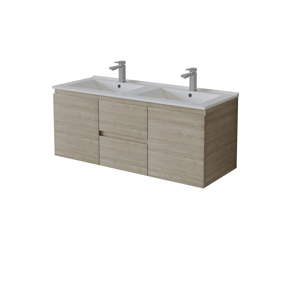 Centre drawers Bathroom vanity with white countertop and faucet on a white background
