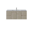 A modern side drawers wall-mounted bathroom vanity with a light oak wood grain cabinet, a white integrated sink, and a tall chrome faucet, shown against a plain white background.