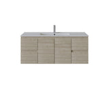 A modern side drawers wall-mounted bathroom vanity with a light oak wood grain cabinet, a white integrated sink, and a tall chrome faucet, shown against a plain white background.