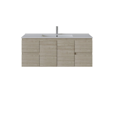 A modern side drawers wall-mounted bathroom vanity with a light oak wood grain cabinet, a white integrated sink, and a tall chrome faucet, shown against a plain white background.