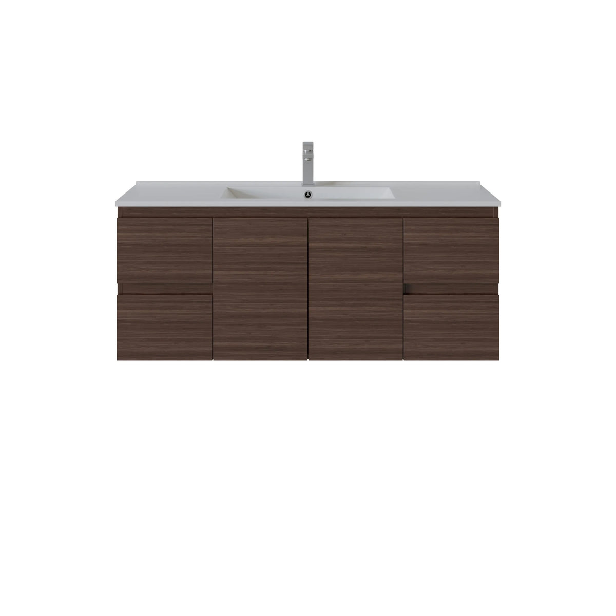 A modern side drawers wall-mounted bathroom vanity with a dark brown wood-grain cabinet, a white countertop, and an integrated sink, shown against a plain white background.
