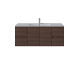 A modern side drawers wall-mounted bathroom vanity with a dark brown wood-grain cabinet, a white countertop, and an integrated sink, shown against a plain white background.