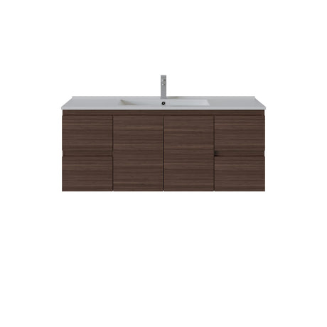A modern side drawers wall-mounted bathroom vanity with a dark brown wood-grain cabinet, a white countertop, and an integrated sink, shown against a plain white background.