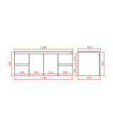 A technical dimension drawing of a cabinet or wall unit, showing front and side elevations with red measurement lines and labels on a white background.