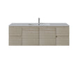 A modern wall-mounted bathroom vanity with a light oak wood grain cabinet, a white integrated sink, and a tall chrome faucet, shown against a plain white background.