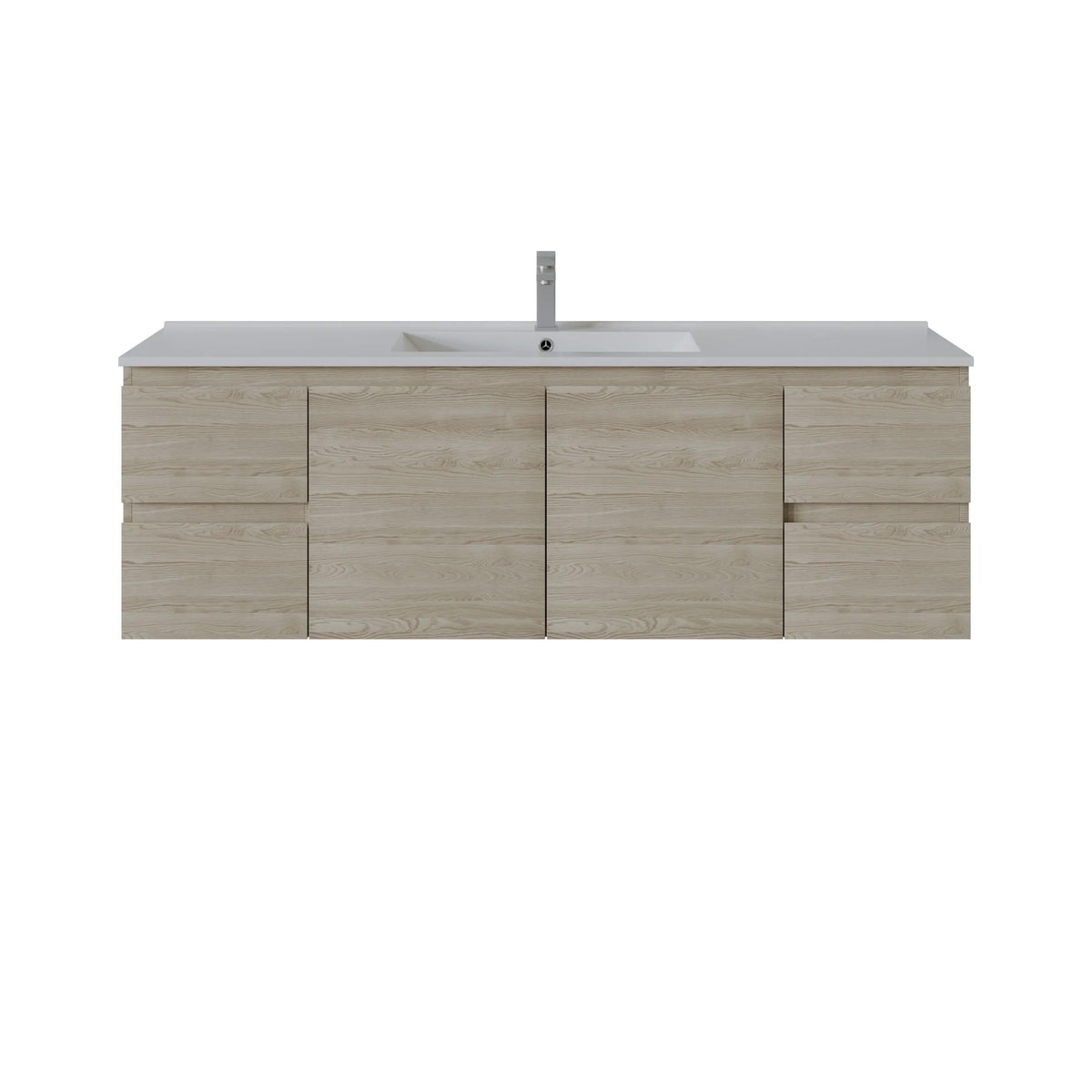 A modern wall-mounted bathroom vanity with a light oak wood grain cabinet, a white integrated sink, and a tall chrome faucet, shown against a plain white background.