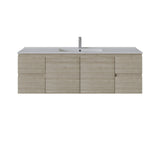 A modern wall-mounted bathroom vanity with a light oak wood grain cabinet, a white integrated sink, and a tall chrome faucet, shown against a plain white background.