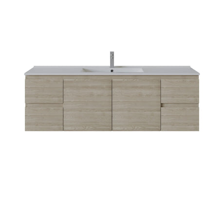 A modern wall-mounted bathroom vanity with a light oak wood grain cabinet, a white integrated sink, and a tall chrome faucet, shown against a plain white background.