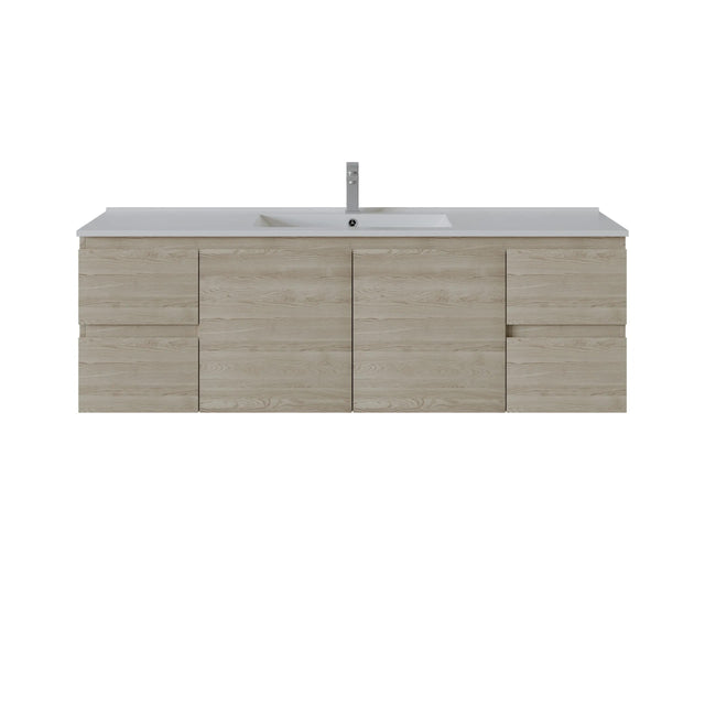 A modern wall-mounted bathroom vanity with a light oak wood grain cabinet, a white integrated sink, and a tall chrome faucet, shown against a plain white background.