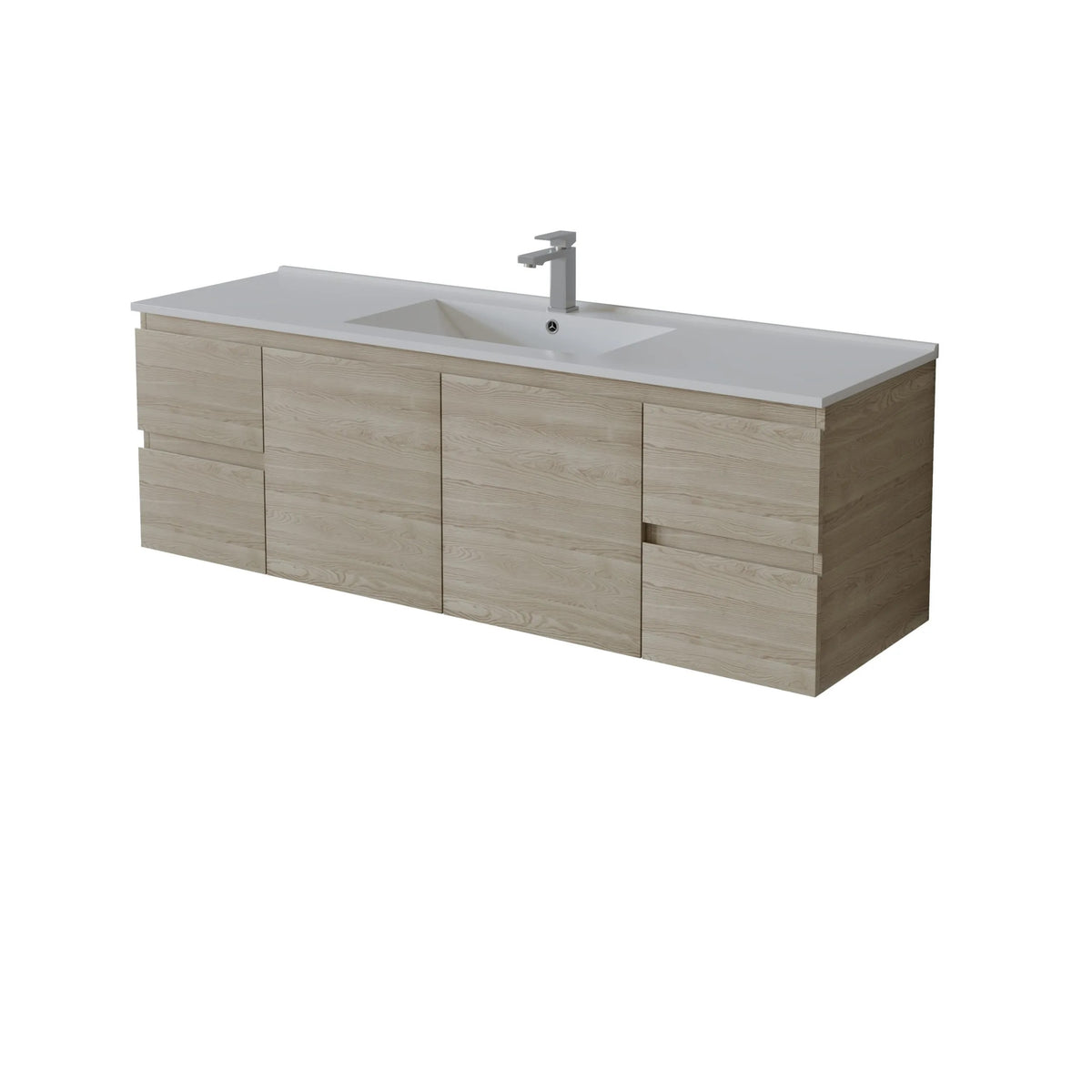 Bathroom vanity with sink and faucet on a white background
