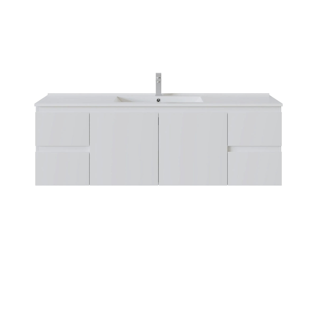 A modern wall-mounted bathroom vanity with a white rectangular basin and a tall chrome faucet, shown against a plain white background.
