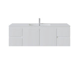A modern wall-mounted bathroom vanity with a white rectangular basin and a tall chrome faucet, shown against a plain white background.