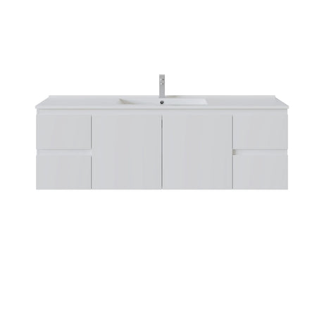 A modern wall-mounted bathroom vanity with a white rectangular basin and a tall chrome faucet, shown against a plain white background.