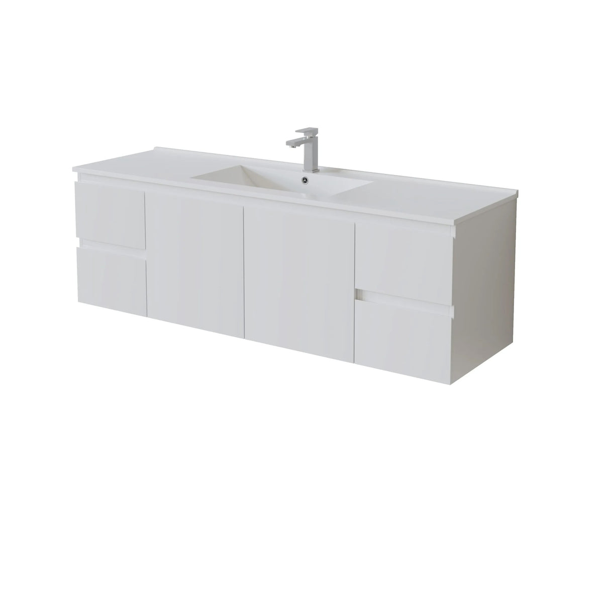 White bathroom vanity with sink on a white background