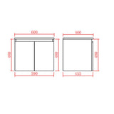 Technical drawing of wall hung vanity with dimensions labeled
