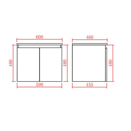 Technical drawing of wall hung vanity with dimensions labeled
