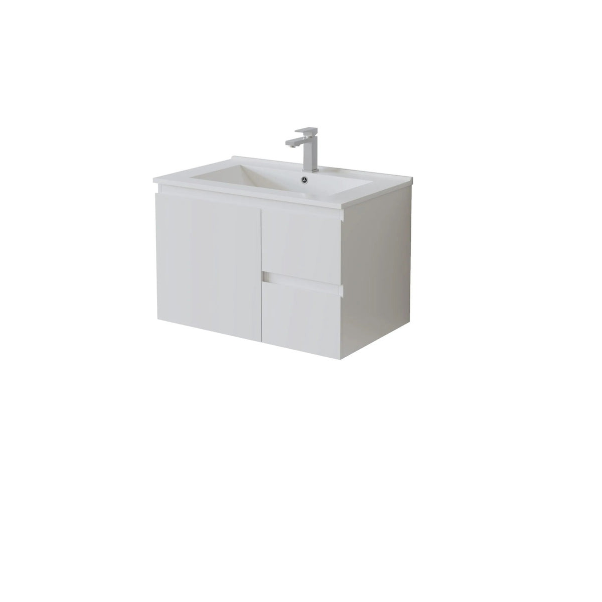 A modern white wall-mounted bathroom vanity right hand drawer with an integrated rectangular sink and a single-handle chrome faucet, shown on a plain white background.
