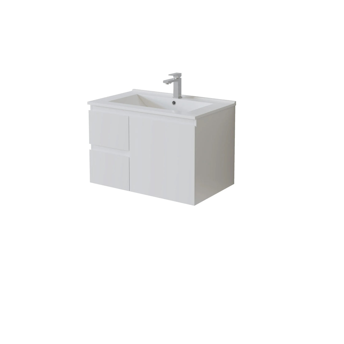 A modern white wall-mounted bathroom left hand drawer vanity with an integrated rectangular sink and a single-handle chrome faucet, shown on a plain white background.