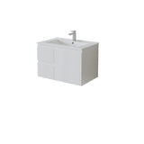 A modern white wall-mounted bathroom left hand drawer vanity with an integrated rectangular sink and a single-handle chrome faucet, shown on a plain white background.
