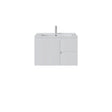 A modern white bathroom vanity right hand drawer with a single cabinet door and two drawers on the right, integrated with a white rectangular sink and topped with a slim chrome faucet, shown on a plain white background.
