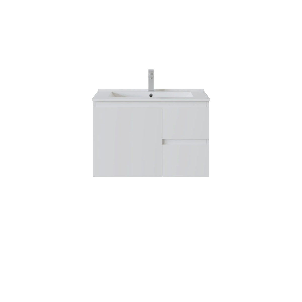 A modern white bathroom vanity right hand drawer with a single cabinet door and two drawers on the right, integrated with a white rectangular sink and topped with a slim chrome faucet, shown on a plain white background.