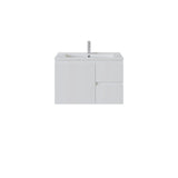 A modern white bathroom vanity right hand drawer with a single cabinet door and two drawers on the right, integrated with a white rectangular sink and topped with a slim chrome faucet, shown on a plain white background.