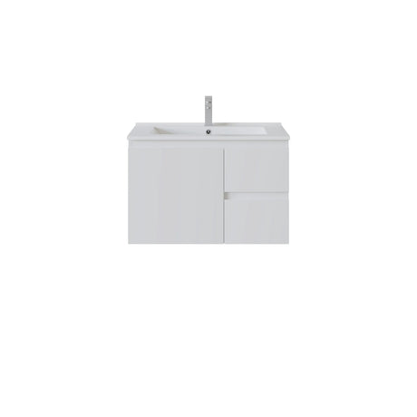 A modern white bathroom vanity right hand drawer with a single cabinet door and two drawers on the right, integrated with a white rectangular sink and topped with a slim chrome faucet, shown on a plain white background.