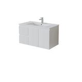 Left hand White bathroom vanity with sink and faucet on a white background