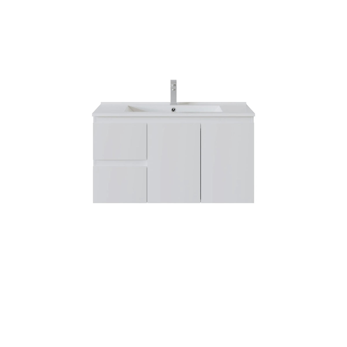 A modern left hand white bathroom vanity cabinet with an integrated sink and a tall, slim chrome faucet, shown against a plain white background