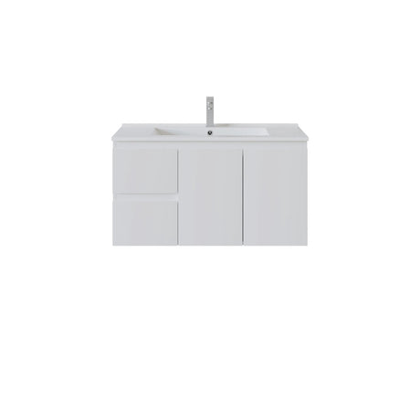 A modern left hand white bathroom vanity cabinet with an integrated sink and a tall, slim chrome faucet, shown against a plain white background