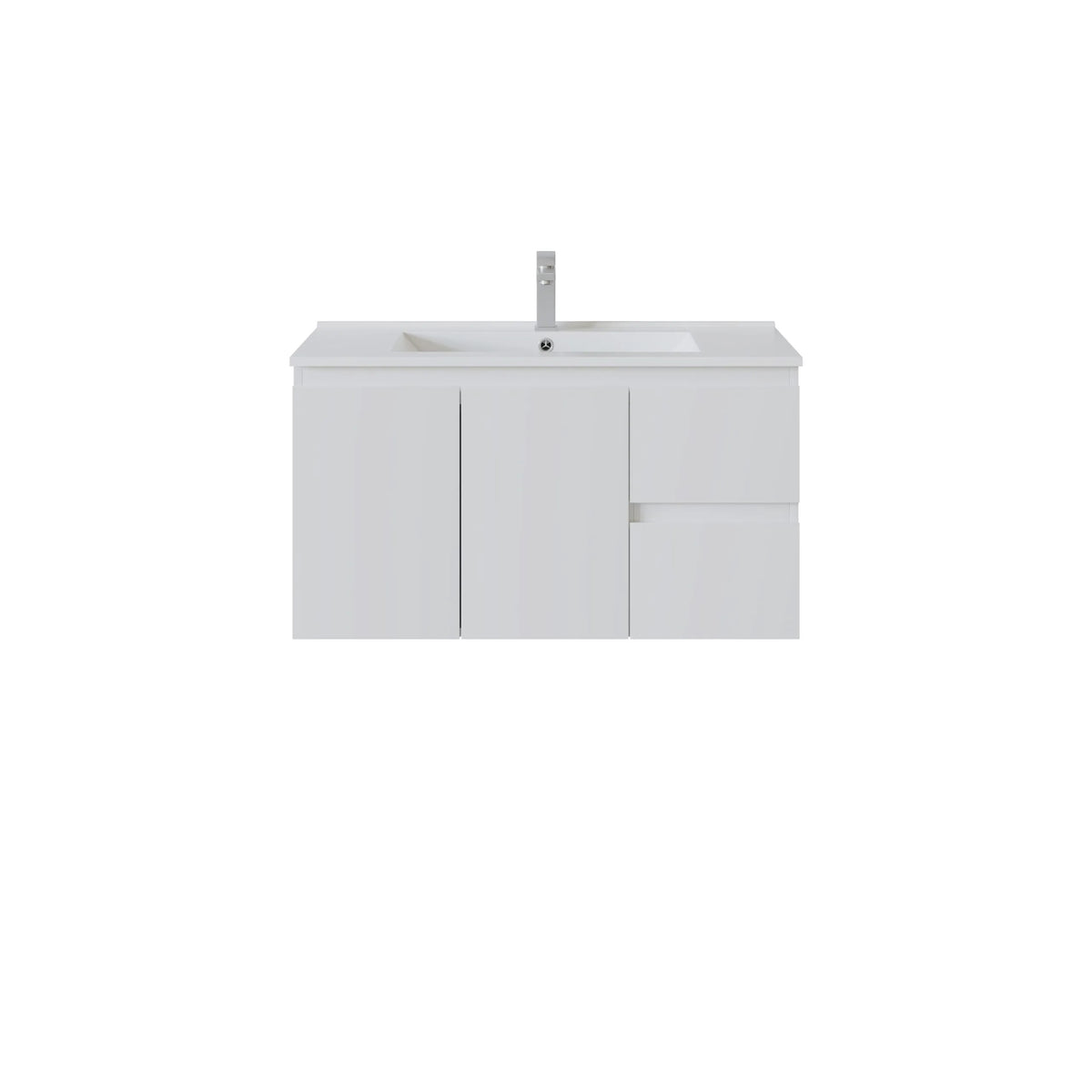 A modern right hand white bathroom vanity cabinet with a matching white integrated sink and a tall chrome faucet, shown against a plain white background.