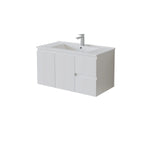 Right hand White bathroom vanity with sink and faucet on a white background