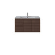 A modern wall-mounted bathroom vanity with a dark brown wood-grain cabinet, a white integrated sink basin, and a tall chrome faucet, shown against a plain white background.