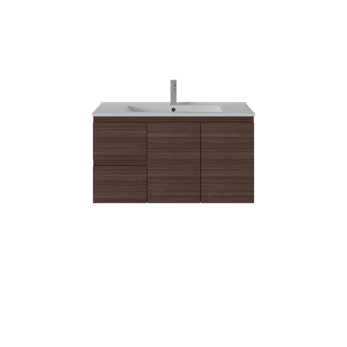 A modern wall-mounted bathroom vanity with a dark brown wood-grain cabinet, a white integrated sink basin, and a tall chrome faucet, shown against a plain white background.