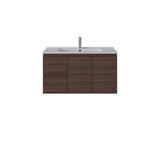 A modern wall-mounted bathroom vanity with a dark brown wood-grain cabinet, a white integrated sink basin, and a tall chrome faucet, shown against a plain white background.