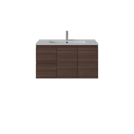 A modern wall-mounted bathroom vanity with a dark brown wood-grain cabinet, a white integrated sink basin, and a tall chrome faucet, shown against a plain white background.