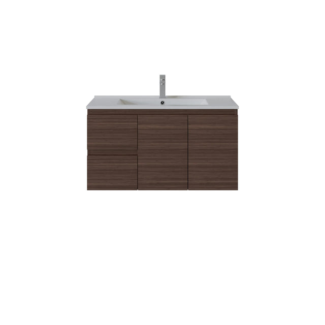 A modern wall-mounted bathroom vanity with a dark brown wood-grain cabinet, a white integrated sink basin, and a tall chrome faucet, shown against a plain white background.