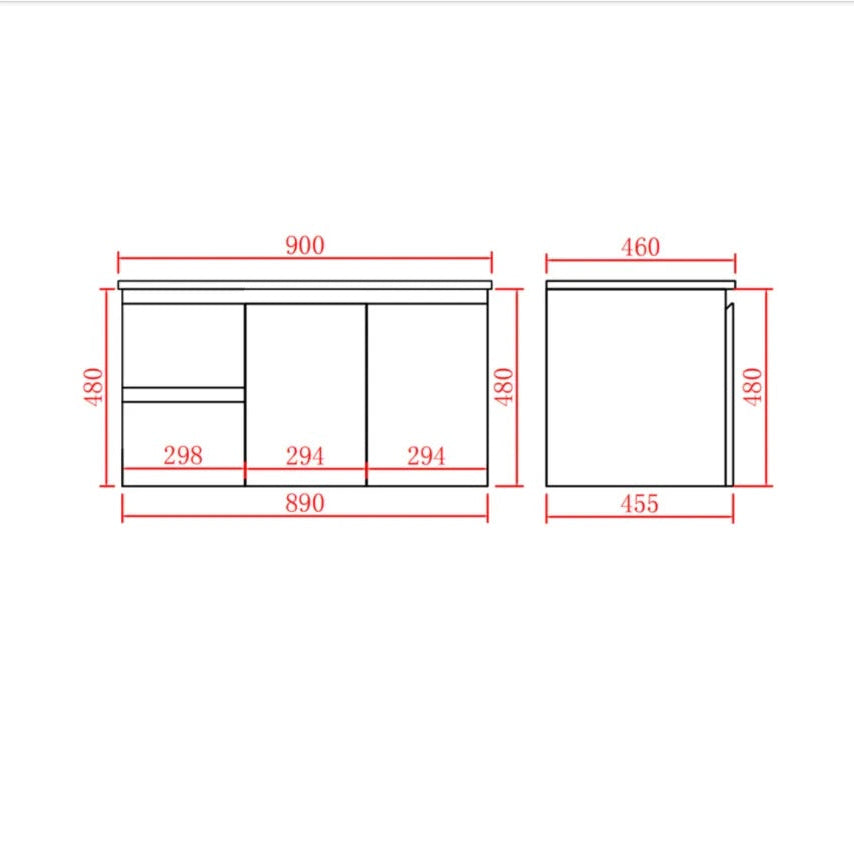 Technical drawing of a left hand vanity with dimensions labeled