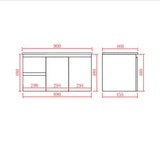 Technical drawing of a left hand vanity with dimensions labeled