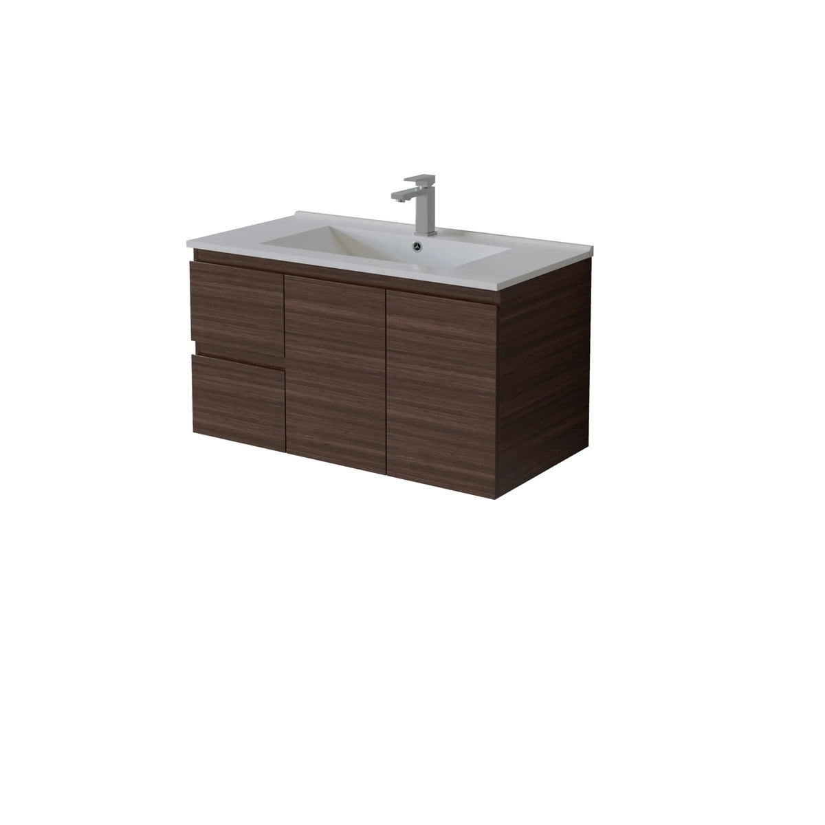 Bathroom vanity with sink and faucet on a white background