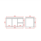 A technical dimension drawing of a wall right handed vanity, showing the red measurement lines and numeric labels on a white background.