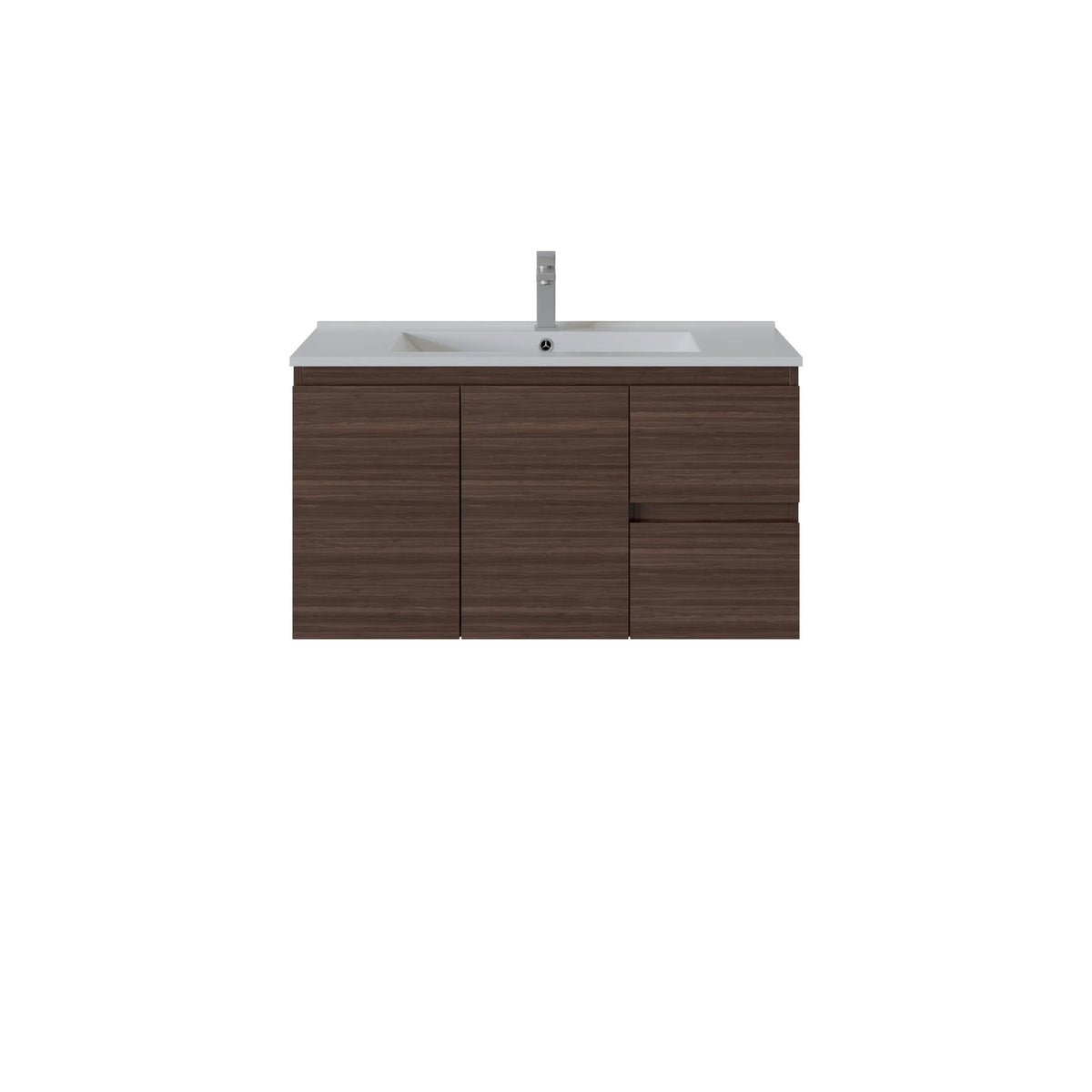 A modern wall-mounted bathroom vanity with a dark brown wood-grain cabinet, a white integrated sink basin, and a tall chrome faucet, shown against a plain white background.