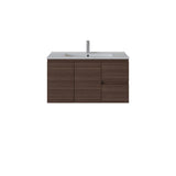 A modern wall-mounted bathroom vanity with a dark brown wood-grain cabinet, a white integrated sink basin, and a tall chrome faucet, shown against a plain white background.