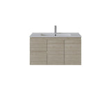 A modern Left hand wall-mounted bathroom vanity with a light oak wood-grain cabinet, a white integrated sink, and a tall chrome faucet, shown against a plain white background.